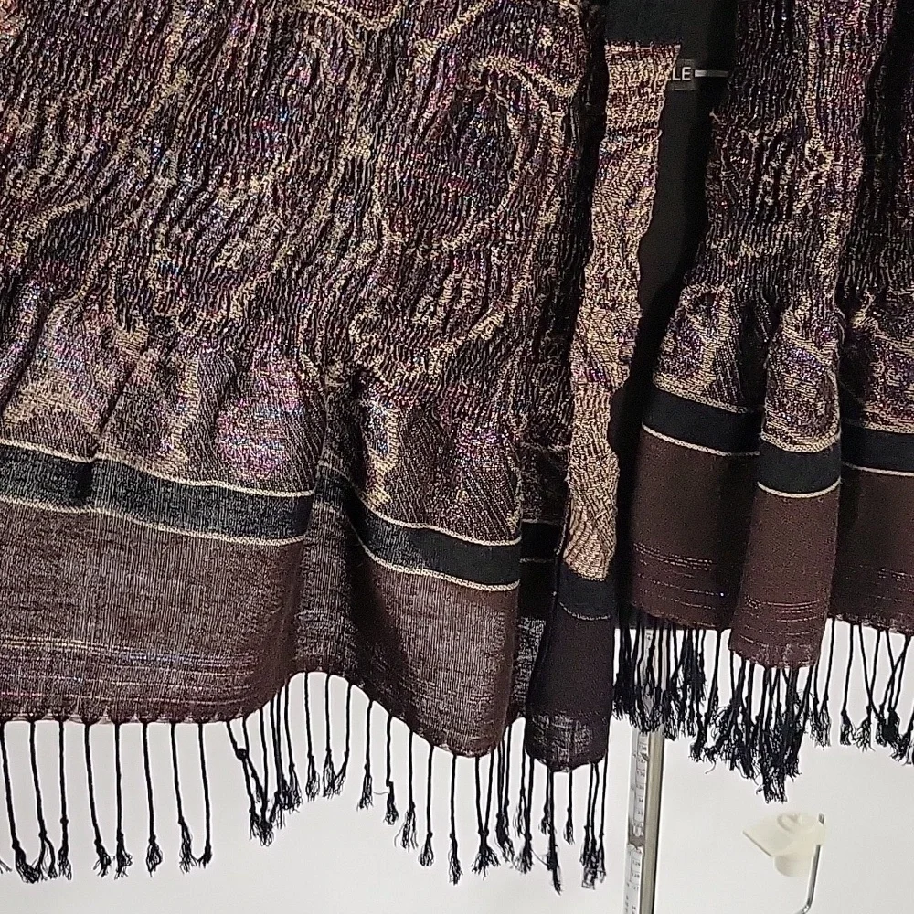 Brown Black Tan Sparkle Paisley Like Print Women's Scarf with Black Fringe